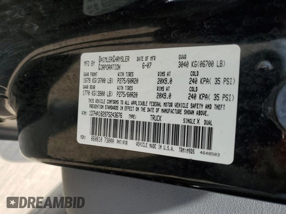 2007 Dodge Ram 1500 SLT with VIN 1D7HA18297S243676, listed as a Copart auction lot 53876635 with 269,766 mi miles and Salvage Title. Bid and sale history available at carsss.com. Image 12.