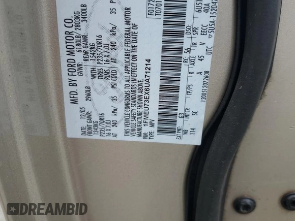 2006 Ford Explorer XLT с VIN 1FMEU73EX6UA71214, выставлен на аукционе Copart как лот 64436705 с пробегом 159 293 миль миль и Чистый • Clean title. История ставок и продаж доступна на DreamBid. Изображение 13.