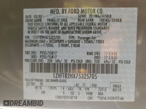 2007 Ford Mustang GT Deluxe with VIN 1ZVFT82HX75325705, listed as a Copart auction lot 50747805 with 157,873 mi miles and Salvage Title. Bid and sale history available at carsss.com. Image 12.