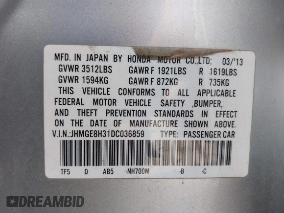 2013 Honda Fit with VIN JHMGE8H31DC036859, listed as a IAAI auction lot 41740431 with 112,466 mi miles. Bid and sale history available at carsss.com. Image 9.