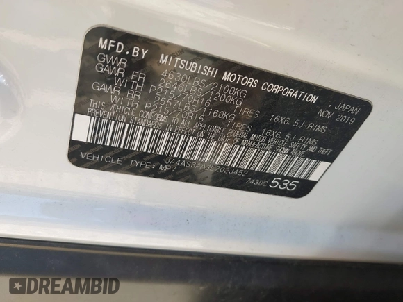 2020 Mitsubishi Eclipse Cross ES z VIN JA4AS3AA3LZ023452, wystawiony jako IAAI lot #41398847 z przebiegiem 68 445 mil mil oraz . Historia ofert i sprzedaży dostępna na DreamBid. Obrazek 9.