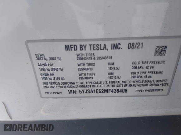 2021 Tesla Model S Plaid с VIN 5YJSA1E62MF438406, выставлен на аукционе IAAI как лот 42246901 с пробегом Не указан миль и . История ставок и продаж доступна на DreamBid. Изображение 9.