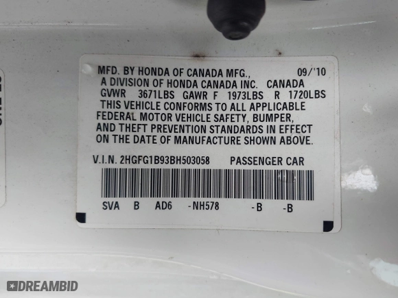 2011 Honda Civic Cpe EX-L with VIN 2HGFG1B93BH503058, listed as a IAAI auction lot 41835170 with 97,478 mi miles. Bid and sale history available at carsss.com. Image 9.
