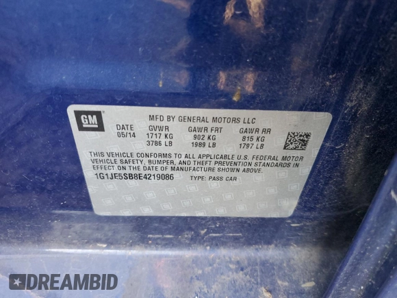 2014 Chevrolet Sonic LTZ with VIN 1G1JE5SB8E4219086, listed as a Copart auction lot 88990405 with 96,177 mi miles and Salvage Title. Bid and sale history available at carsss.com. Image 12.