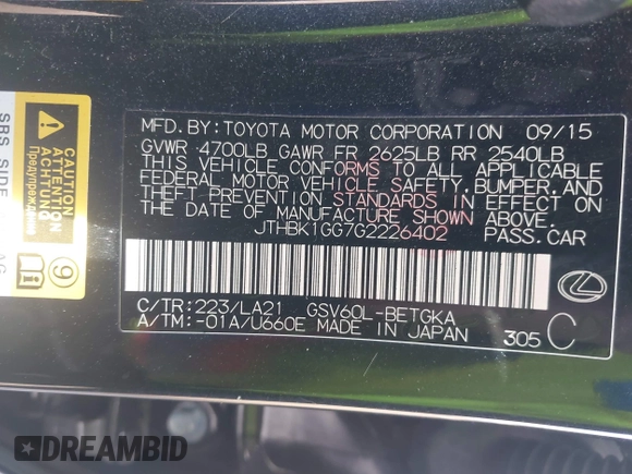 2016 Lexus ES with VIN JTHBK1GG7G2226402, listed as a IAAI auction lot 41882783 with 98,150 mi miles. Bid and sale history available at carsss.com. Image 9.