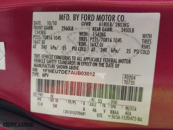 2010 Ford Explorer XLT with VIN 1FMEU7DE7AUB03012, listed as a IAAI auction lot 41722860 with 109,056 mi miles. Bid and sale history available at carsss.com. Image 9.
