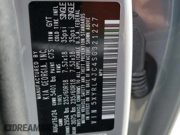 2025 Kia Sorento S z VIN 5XYRL4JC4SG321227, wystawiony jako Copart lot #52421925 z przebiegiem 14 351 mil mil oraz Szkoda całkowita • Salvage title. Historia ofert i sprzedaży dostępna na DreamBid. Obrazek 13.