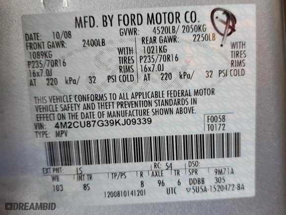2009 Mercury Mariner Premier with VIN 4M2CU87G39KJ09339, listed as a Copart auction lot 87247774 with 87,282 mi miles and Salvage Title. Bid and sale history available at carsss.com. Image 12.