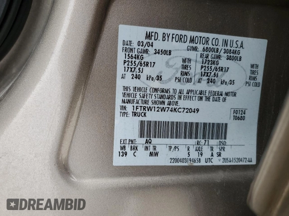 2004 Ford F-150 XLT with VIN 1FTRW12W74KC72049, listed as a Copart auction lot 53173635 with 86,875 mi miles and Salvage Title. Bid and sale history available at carsss.com. Image 15.
