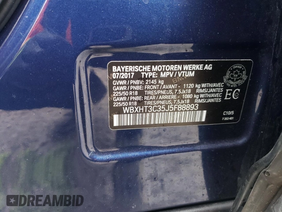 2018 BMW X1 xDrive28i with VIN WBXHT3C35J5F88893, listed as a Copart auction lot 58032725 with 143,968 mi miles and Salvage title. Bid and sale history available at DreamBid. Image 13.