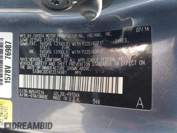 2014 Toyota Sienna LE AAS with VIN 5TDKK3DC4ES514981, listed as a IAAI auction lot 41601188 with 164,963 mi miles and . Bid and sale history available at DreamBid. Image 9.