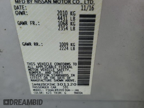 2017 Nissan LEAF SL with VIN 1N4BZ0CP2HC301120, listed as a Copart auction lot 65056525 with Not provided miles and Clean title. Bid and sale history available at DreamBid. Image 13.