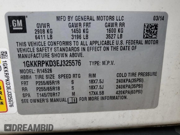 2014 GMC Acadia SLE with VIN 1GKKRPKD3EJ325576, listed as a Copart auction lot 49779295 with 246,378 mi miles and Salvage Title. Bid and sale history available at carsss.com. Image 13.