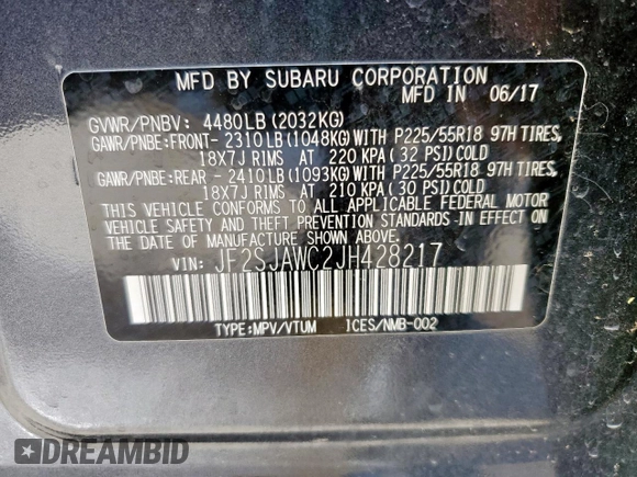 2018 Subaru Forester Touring with VIN JF2SJAWC2JH428217, listed as a Copart auction lot 60272925 with Not provided miles and Salvage title. Bid and sale history available at DreamBid. Image 13.