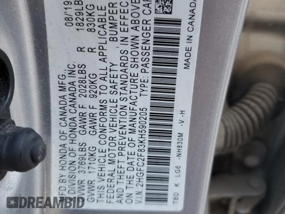 2019 Honda Civic Sport with VIN 2HGFC2F83KH590205, listed as a Copart auction lot 50060315 with 70,167 mi miles and Salvage Title. Bid and sale history available at DreamBid. Image 13.