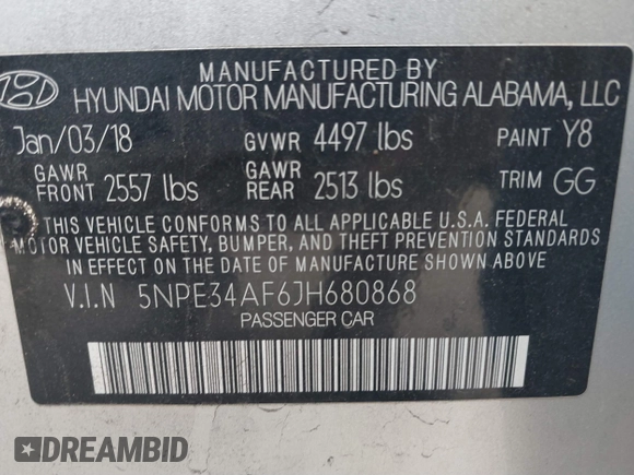 2018 Hyundai Sonata SEL with VIN 5NPE34AF6JH680868, listed as a IAAI auction lot 41789915 with 55,837 mi miles and . Bid and sale history available at DreamBid. Image 9.