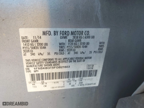 2015 Ford Explorer Sport with VIN 1FM5K8GT5FGB21603, listed as a IAAI auction lot 41816695 with 138,172 mi miles. Bid and sale history available at carsss.com. Image 9.