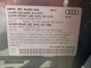 2018 Audi Q5 Premium Plus with VIN WA1BNAFYXJ2056895, listed as a Copart auction lot 52614905 with 87,456 mi miles and Salvage title. Bid and sale history available at DreamBid. Image 13.