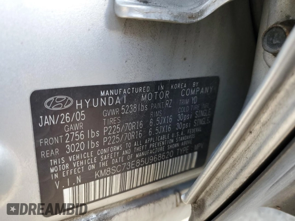 2005 Hyundai Santa Fe GLS with VIN KM8SC73E85U968620, listed as a Copart auction lot 83382614 with 161,126 mi miles and Salvage Title. Bid and sale history available at carsss.com. Image 16.