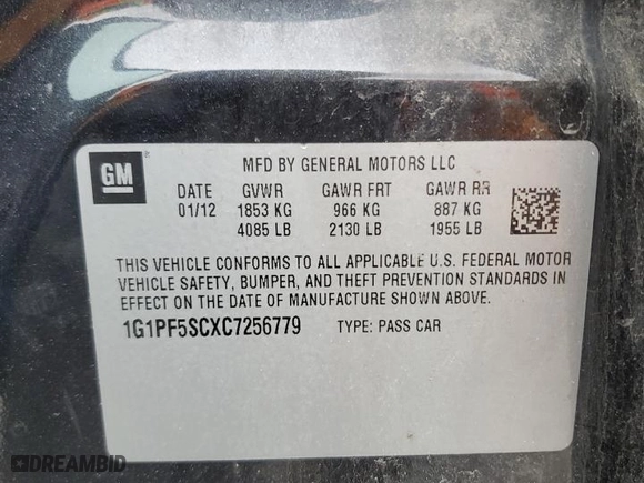 2012 Chevrolet Cruze LT w/1LT with VIN 1G1PF5SCXC7256779, listed as a Copart auction lot 48982165 with 163,183 mi miles and Salvage Title. Bid and sale history available at carsss.com. Image 12.