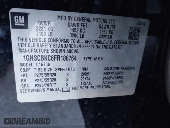 2015 Chevrolet Tahoe LT with VIN 1GNSCBKC6FR188764, listed as a IAAI auction lot 40267671 with 86,663 mi miles and . Bid and sale history available at DreamBid. Image 9.