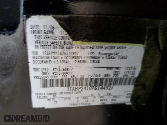 2007 Ford Five Hundred SEL with VIN 1FAHP24107G144927, listed as a Copart auction lot 78037874 with Not Provided miles and Salvage Title. Bid and sale history available at carsss.com. Image 12.