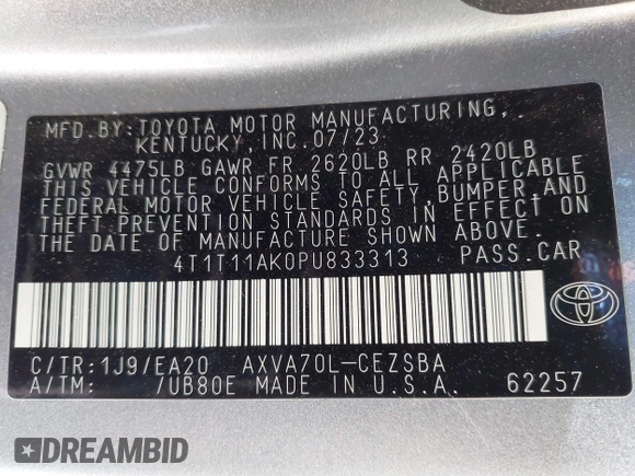 2023 Toyota Camry SE z VIN 4T1T11AK0PU833313, wystawiony jako IAAI lot #41743288 z przebiegiem 25 195 mil mil oraz . Historia ofert i sprzedaży dostępna na DreamBid. Obrazek 9.