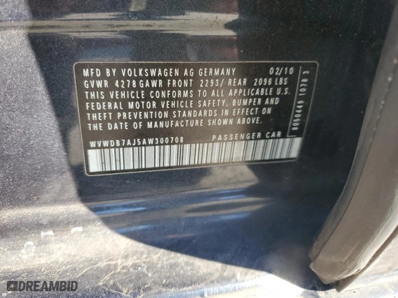 2010 Volkswagen Golf with VIN WVWDB7AJ5AW300708, listed as a Copart auction lot 45302605 with 47,242 mi miles and Salvage Title. Bid and sale history available at carsss.com. Image 12.
