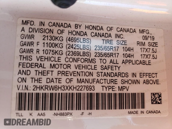 2019 Honda CR-V LX with VIN 2HKRW6H3XKH227693, listed as a Copart auction lot 74258544 with 54,928 mi miles and Salvage Title. Bid and sale history available at carsss.com. Image 13.