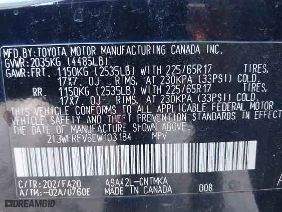 2014 Toyota RAV4 XLE with VIN 2T3WFREV6EW103184, listed as a IAAI auction lot 41966617 with 116,533 mi miles. Bid and sale history available at carsss.com. Image 9.