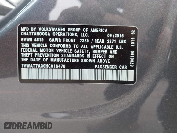 2017 Volkswagen Passat S with VIN 1VWAT7A30HC016476, listed as a IAAI auction lot 42448871 with 146,111 mi miles and . Bid and sale history available at DreamBid. Image 9.