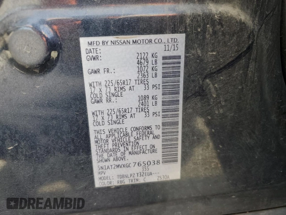 2016 Nissan Rogue SV z VIN 5N1AT2MVXGC765038, wystawiony jako Copart lot #57159415 z przebiegiem 135 163 mil mil oraz Szkoda całkowita • Salvage title. Historia ofert i sprzedaży dostępna na DreamBid. Obrazek 14.