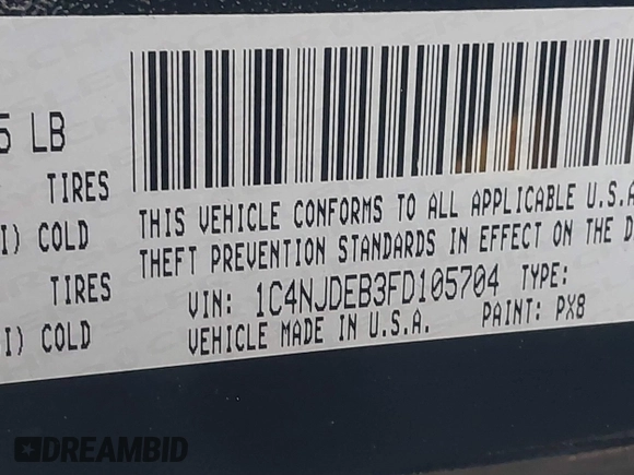 2015 Jeep Compass Latitude with VIN 1C4NJDEB3FD105704, listed as a IAAI auction lot 41719603 with 106,904 mi miles. Bid and sale history available at carsss.com. Image 9.