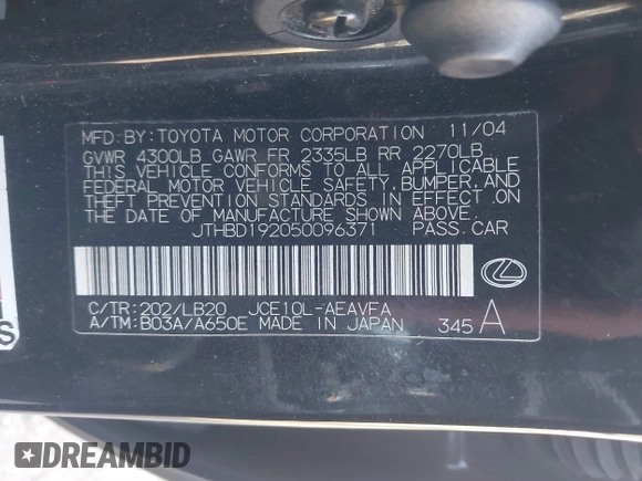 2005 Lexus IS 300 with VIN JTHBD192050096371, listed as a IAAI auction lot 40878782 with 164,156 mi miles and . Bid and sale history available at DreamBid. Image 9.