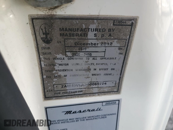 2013 Maserati GranTurismo Sport with VIN ZAM45VLA3D0069724, listed as a Copart auction lot 47804575 with 84,089 mi miles and Salvage title. Bid and sale history available at DreamBid. Image 12.