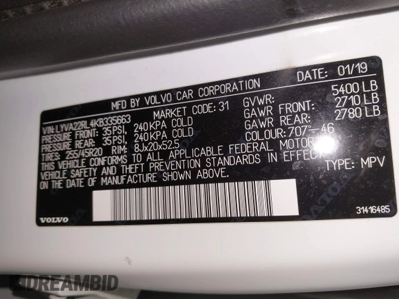 2019 Volvo XC60 Inscription with VIN LYVA22RL4KB335663, listed as a IAAI auction lot 42013201 with 84,527 mi miles and . Bid and sale history available at DreamBid. Image 9.