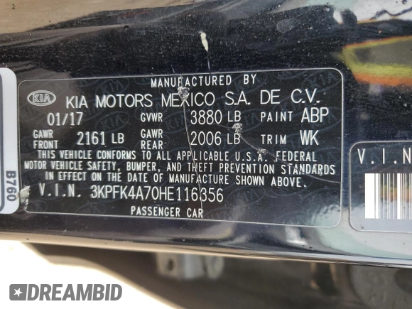 2017 Kia Forte LX with VIN 3KPFK4A70HE116356, listed as a Copart auction lot 51543985 with 83,380 mi miles and Salvage Title. Bid and sale history available at carsss.com. Image 14.