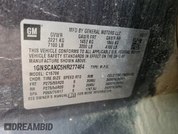2017 Chevrolet Tahoe LS with VIN 1GNSCAKC5HR277464, listed as a Copart auction lot 49682375 with 131,227 mi miles and Clean title. Bid and sale history available at DreamBid. Image 15.