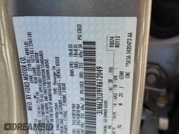 2015 Lincoln MKZ Hybrid with VIN 3LN6L2LU9FR612049, listed as a Copart auction lot 50943365 with 151,602 mi miles and Salvage Title. Bid and sale history available at DreamBid. Image 12.