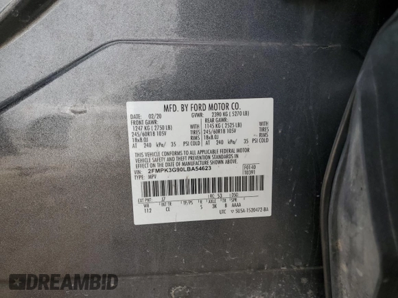 2020 Ford Edge SE with VIN 2FMPK3G90LBA54623, listed as a Copart auction lot 50059455 with 96,743 mi miles and Salvage title. Bid and sale history available at DreamBid. Image 14.