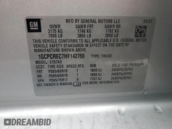 2017 Chevrolet Silverado 1500 LT with VIN 1GCPCREC7HF142769, listed as a Copart auction lot 45243175 with 188,038 mi miles and Salvage Title. Bid and sale history available at DreamBid. Image 14.