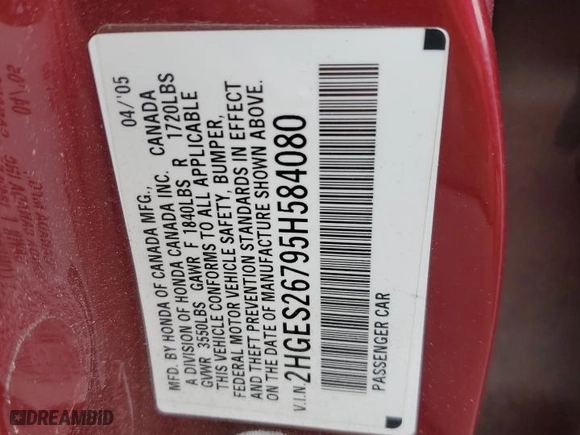 2005 Honda Civic Sdn EX with VIN 2HGES26795H584080, listed as a Copart auction lot 50304035 with 170,029 mi miles and Salvage Title. Bid and sale history available at carsss.com. Image 14.