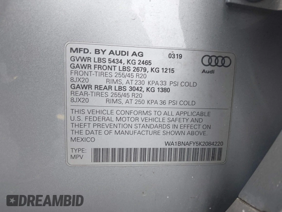 2019 Audi Q5 Premium Plus z VIN WA1BNAFY5K2084220, wystawiony jako IAAI lot #42391537 z przebiegiem 36 143 mil mil oraz . Historia ofert i sprzedaży dostępna na DreamBid. Obrazek 9.