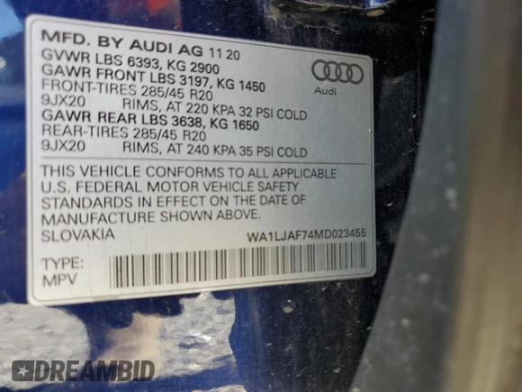 2021 Audi Q7 Premium Plus with VIN WA1LJAF74MD023455, listed as a Copart auction lot 72613464 with 56,968 mi miles and Salvage title. Bid and sale history available at DreamBid. Image 14.