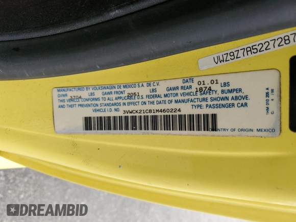 2001 Volkswagen Beetle GLS with VIN 3VWCK21C81M460224, listed as a Copart auction lot 48404615 with 150,992 mi miles and Salvage Title. Bid and sale history available at DreamBid. Image 13.