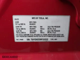 2022 Tesla Model Y Long Range with VIN 7SAYGAEE6NF559332, listed as a IAAI auction lot 41858588 with 13,227 mi miles. Bid and sale history available at carsss.com. Image 9.