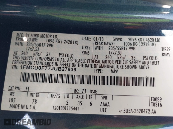 2018 Ford Escape S with VIN 1FMCU0F77JUB27839, listed as a IAAI auction lot 42507739 with 96,464 mi miles and . Bid and sale history available at DreamBid. Image 9.