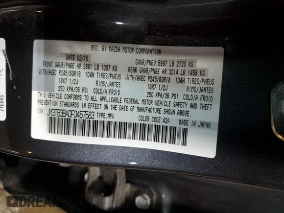 2015 Mazda CX-9 Sport with VIN JM3TB3BA0F0457583, listed as a Copart auction lot 54334135 with 144,767 mi miles and Salvage Title. Bid and sale history available at carsss.com. Image 13.