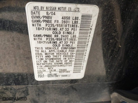 2004 Nissan Murano SL with VIN JN8AZ08TX4W227180, listed as a IAAI auction lot 41241658 with 183,332 mi miles. Bid and sale history available at carsss.com. Image 9.