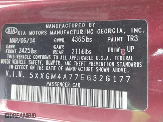 2014 Kia Optima LX with VIN 5XXGM4A77EG326177, listed as a IAAI auction lot 42088542 with 164,237 mi miles. Bid and sale history available at carsss.com. Image 9.